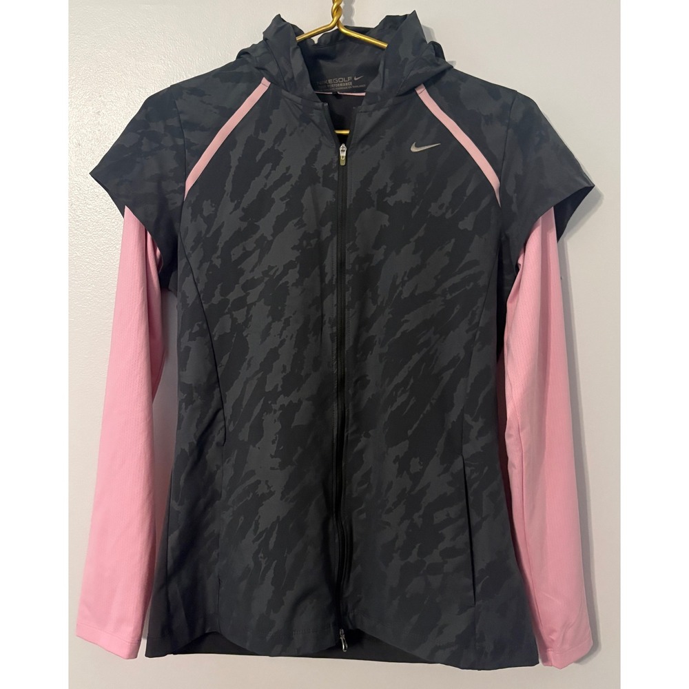 Nike Golf Tour Performance Womens Medium Full Zip Hooded Jacket Camo Pink Grey
